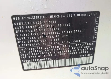 2020 Volkswagen Tiguan 2.0T Se/2.0T Se R-Line Black/2.0T Sel z USA, uszkodzony, nr VIN 3VV3B7AX9LM088867